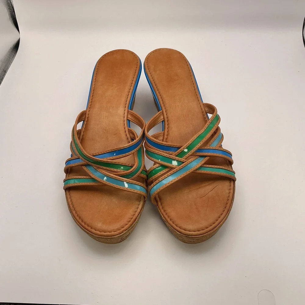 Italian Shoemakers Womens 10 Wedge Sandals Blue Green Tan Multi Strap Made Italy